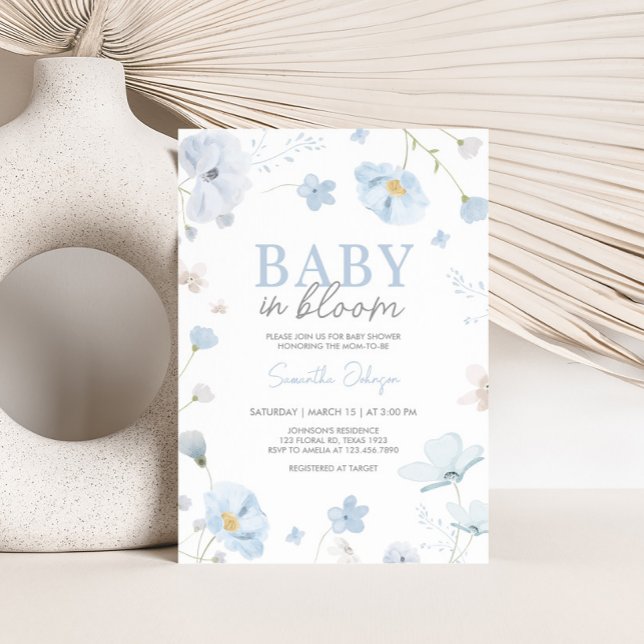 Convite Floral Blue Primavera Baby in BloChá de fraldas (Blue Spring Floral Baby in Bloom Baby Shower Invitation)
