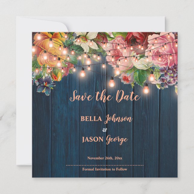 Convite Floral Blue Wood String Lights Save The Date (Frente)