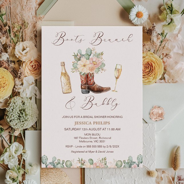 Convite Floral Blush Boots Brunbble Chá de panela (Boots Brunch and Bubbly Bridal Shower invitation Template, Champagne Bottle Brunch Bridal Shower )