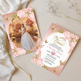 Convite Floral Blush Dourado Borboleta Rosa Foto Quinceañe