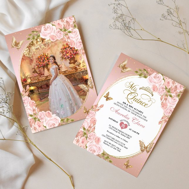 Convite Floral Blush Dourado Borboleta Rosa Foto Quinceañe (Criador carregado)