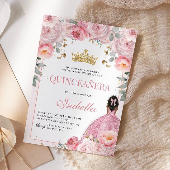 Convite Floral Blush Dourado Quinceanera Princess (Criador carregado)