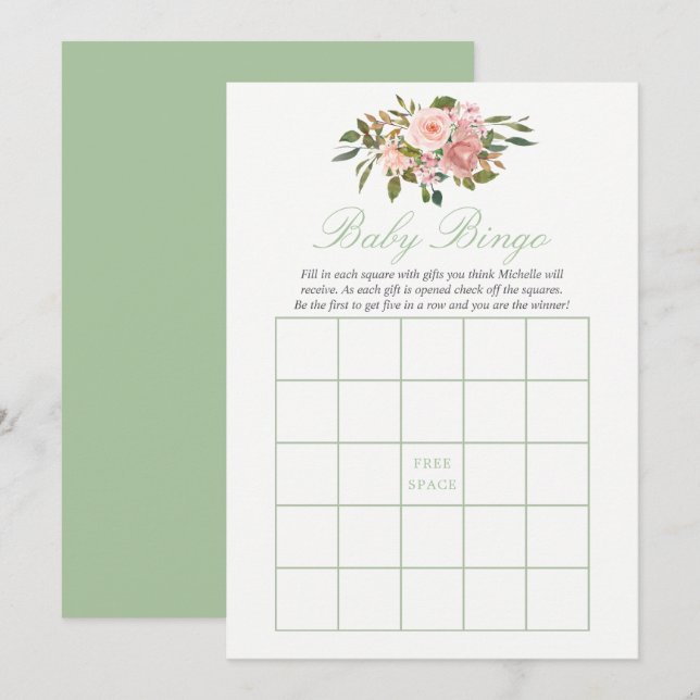 Convite Floral Blush e Bebê Sage Shower Bingo de Bebê (Frente/Verso)
