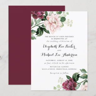 Convite Floral Blush Merlot Greenery Elegante Casamento