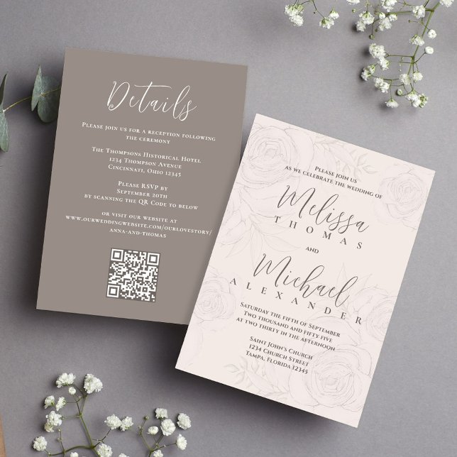 Convite Floral Blush Online RSVP de Código QR Elegante (Elegant wedding invitations with blush floral pattern and taupe with QR Code)