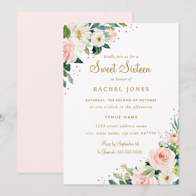Convite Floral Blush Rosa Dourado Sweet Sixteen (Frente/Verso)