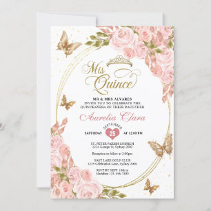 Convite Floral Blush Rosa Dourado Tiara Borboleta Quinceañ
