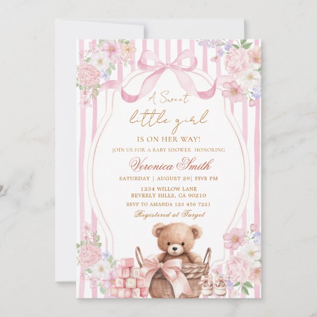 Convite Floral Blush Stripe Pink Bow Bear Baby Shower  (Frente)