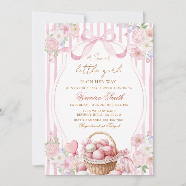 Convite Floral Blush Stripe Pink Sweets Bow Baby Shower  (Frente)