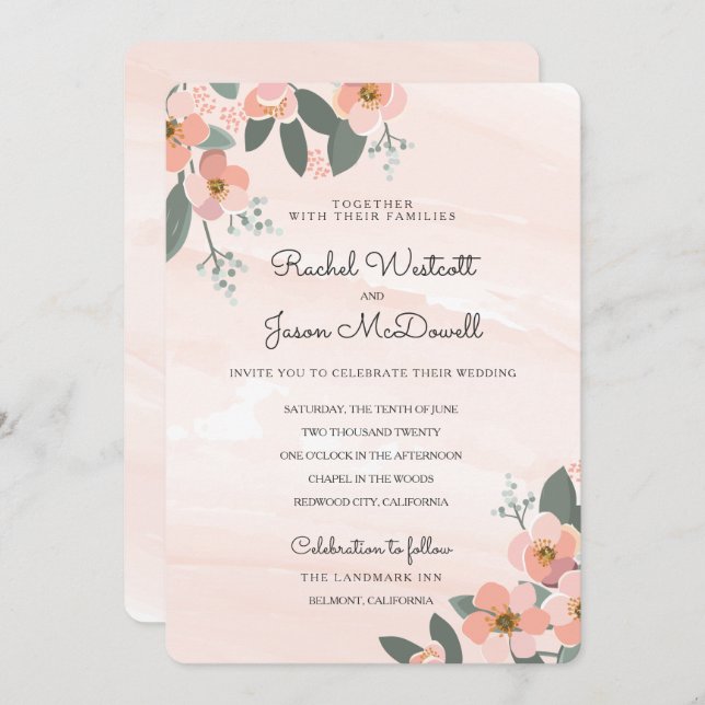 Convite Floral Blush Wedding Suite | Lavagem a Aquarela (Frente/Verso)