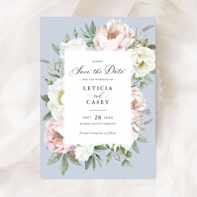 Convite Floral Blush White Peonies Casamento Salve a Data (Criador carregado)