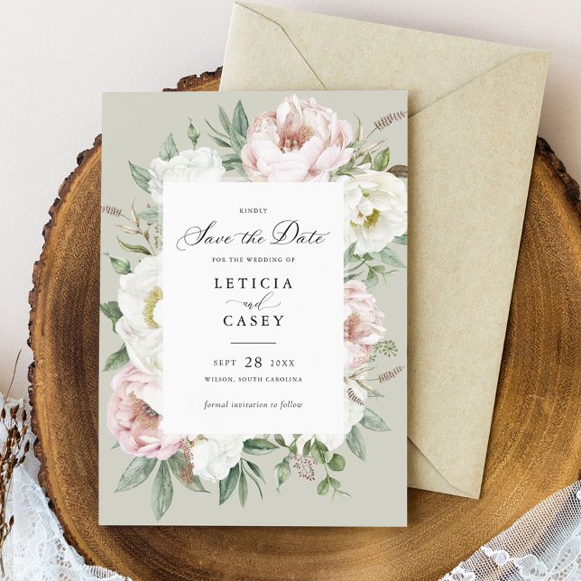 Convite Floral Blush White Peonies Casamento Salve a Data (Criador carregado)