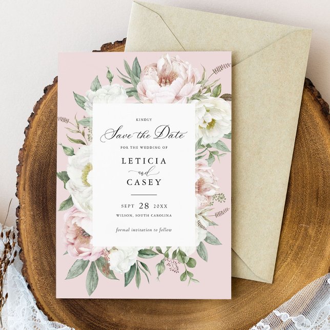 Convite Floral Blush White Peonies Casamento Salve a Data (Criador carregado)