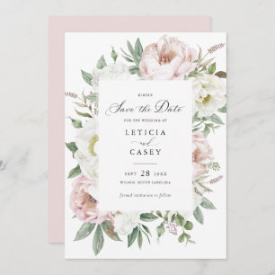 Convite Floral Blush White Peonies Casamento Salve a Data