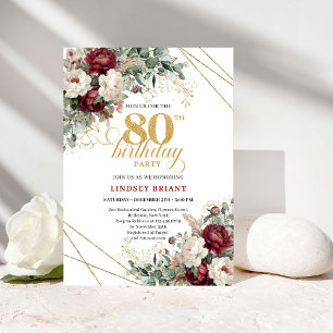 Convite Floral Boêmio Borgonha Dourado Aniversário de 80 a