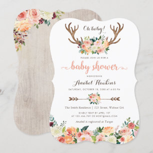 Convite Floral Boho Antler Blush Peach Arrows Baby