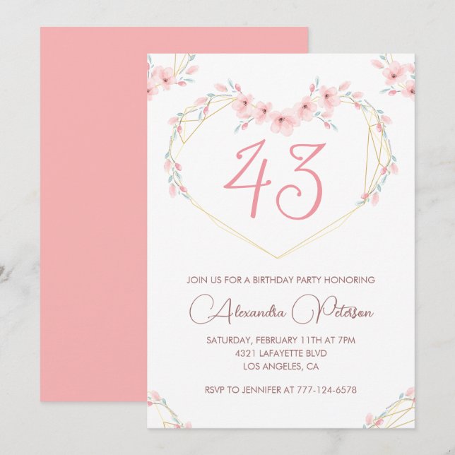 Convite Floral Boho Aquarela Rosa 43º aniversário (Frente/Verso)