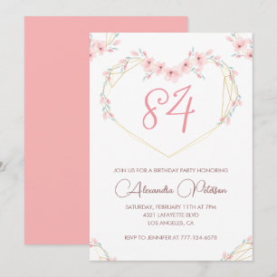 Convite Floral Boho Aquarela Rosa Aniversário de 84 anos