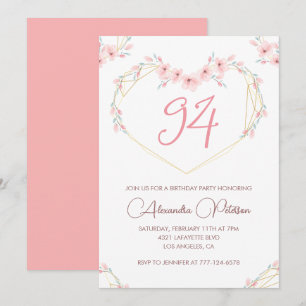 Convite Floral Boho Aquarela Rosa Aniversário de 94 anos