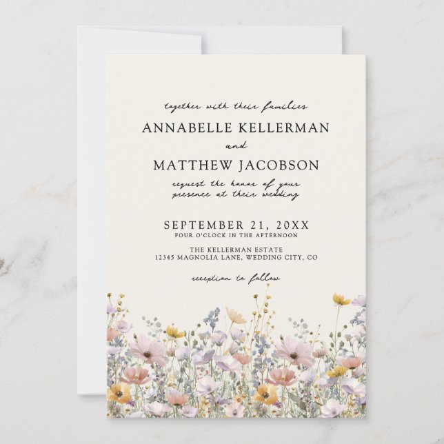 Convite Floral Boho Beige Wildflower Wedding (Frente)