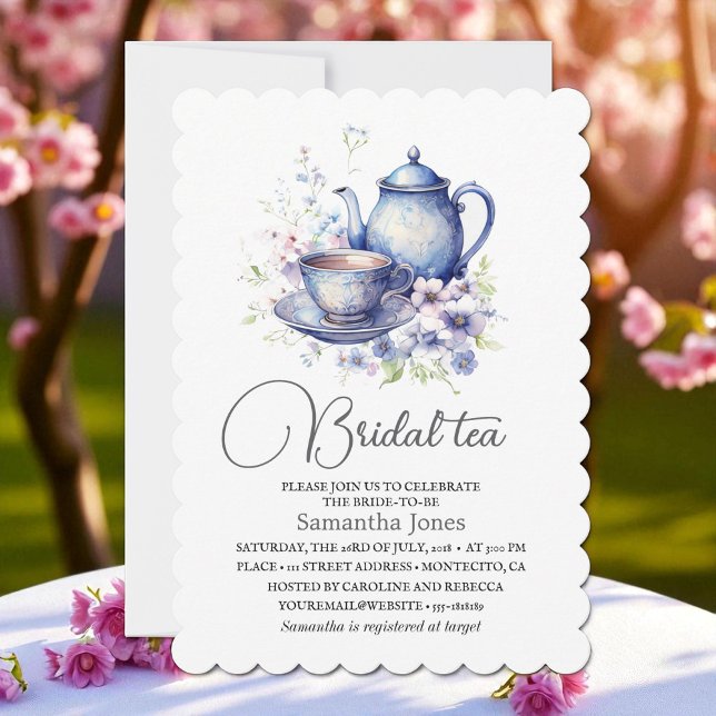Convite Floral Boho Blue Tea Pot Party Bridal Shower  (Criador carregado)