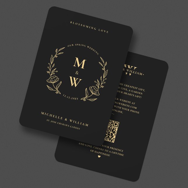 Convite Floral Boho Weding Monograma Elegante Preto Dourad (Floral Boho Wedding Monogram Elegant Black Gold Invitation
)