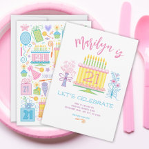 Convite Floral Bonito ao Bolo de aniversário de 21