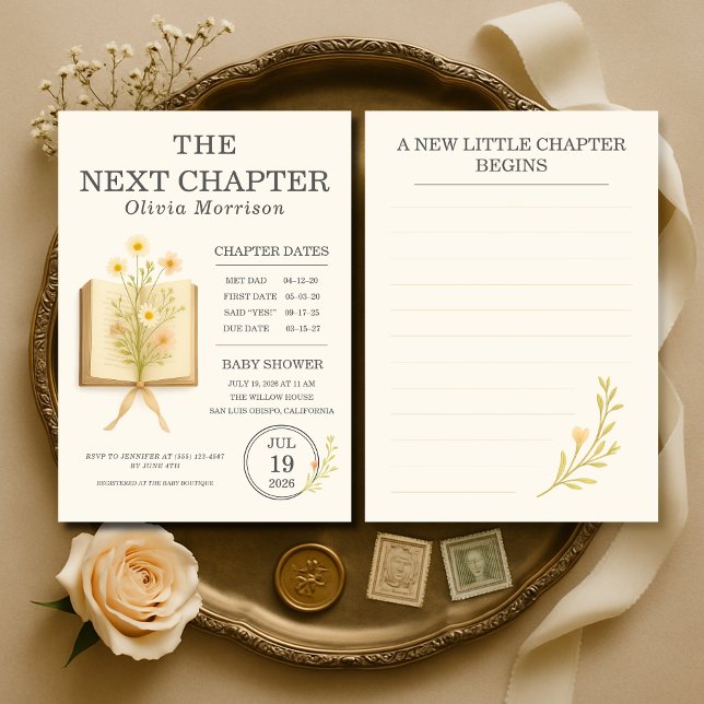 Convite Floral Books Next Chapter Begins Baby Shower (Criador carregado)