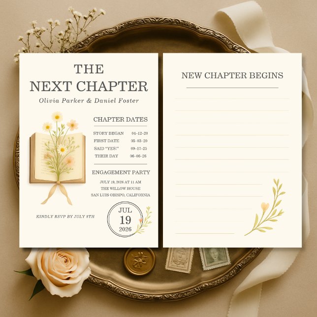 Convite Floral Books Next Chapter Begins Engagement Party (Criador carregado)