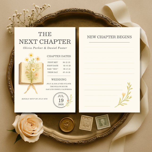 Convite Floral Books Next Chapter Begins Wedding (Criador carregado)