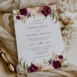 Convite Floral Borgonha Blush Florindo Casamento
