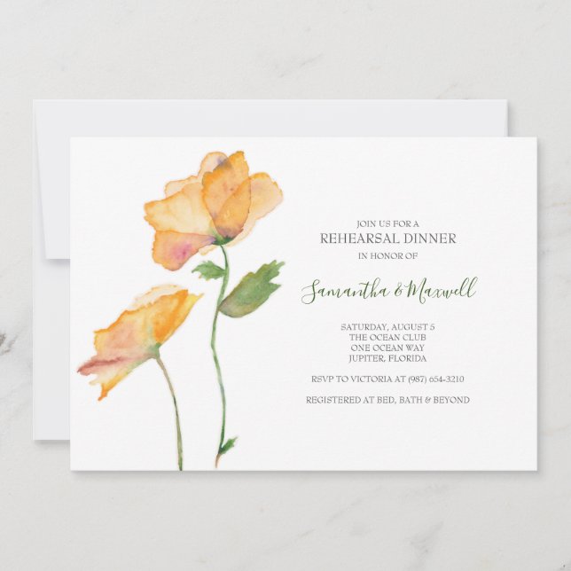 Convite Floral Botanical Orange Wedding Rehearsal Dinner (Frente)