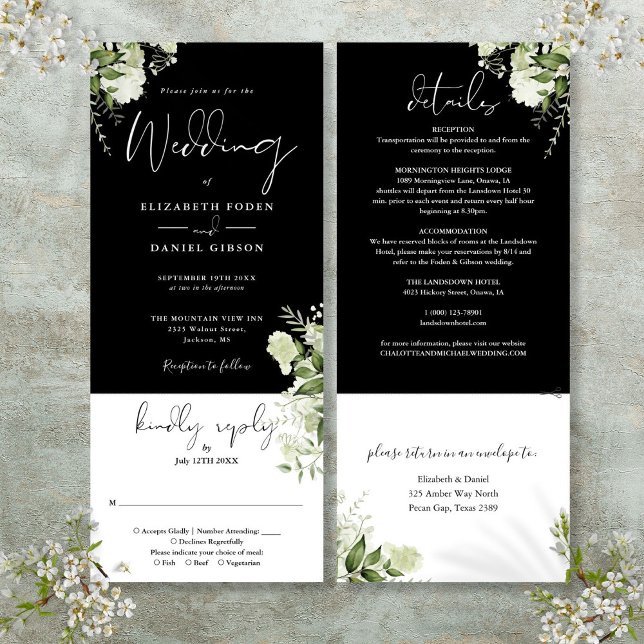 Convite Floral Botânico Branco Negro Tudo Em Um Casamento (Black White Botanical Floral All In One Wedding Invitation)
