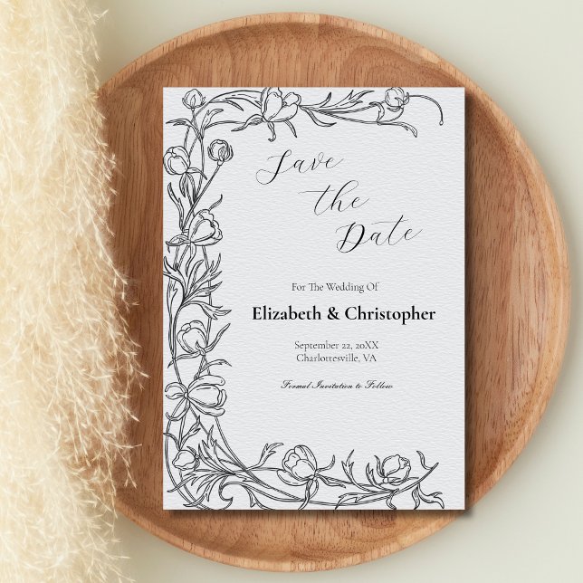 Convite Floral Botânico Desenhado à Mão Salvar a Data Cinz (Black Gray Hand Drawn Botanical Leaves Flowers Wedding Save the Date Invitation Card)