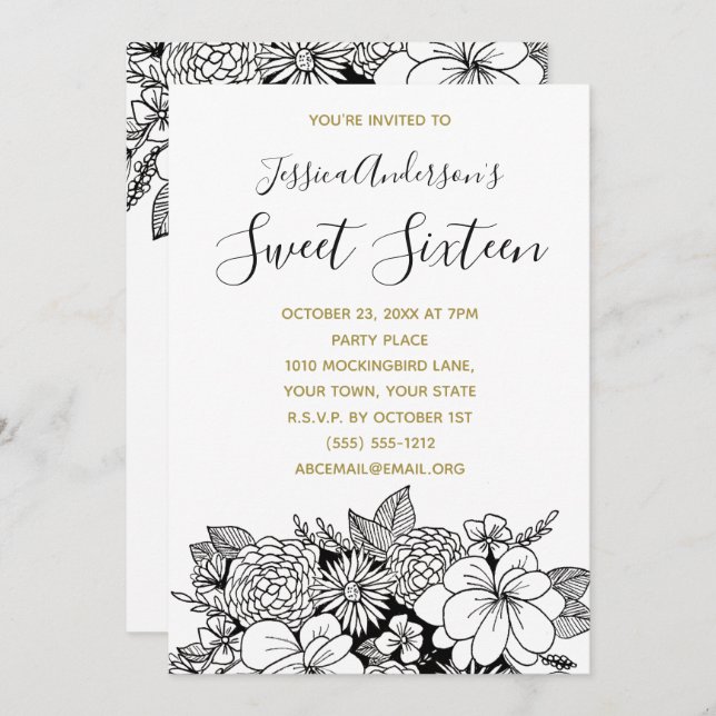 Convite Floral Botânico Preto Branco Dourado Doce 16 (Frente/Verso)