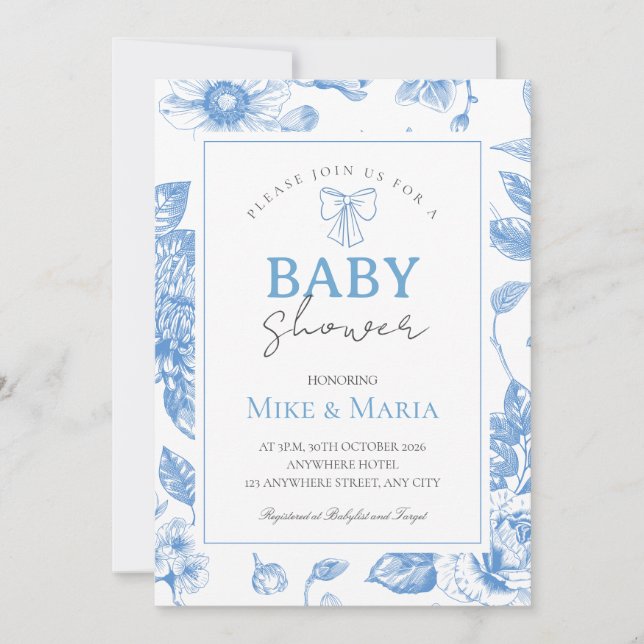 Convite Floral bow boy baby shower invitation (Frente)