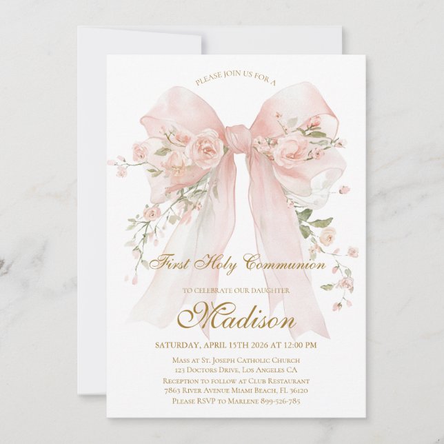 Convite Floral Bow First Holy Communion Invitation (Frente)