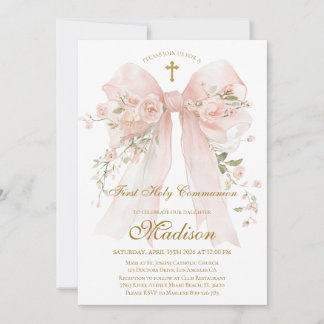 Convite Floral Bow First Holy Communion Invitation