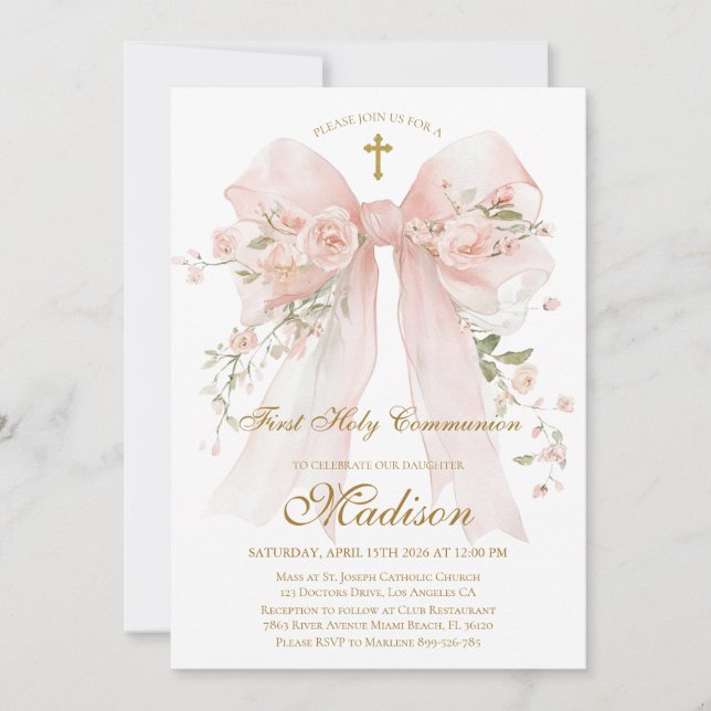 Convite Floral Bow First Holy Communion Invitation (Frente)