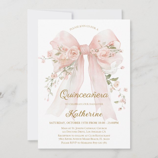 Convite Floral Bow Quinceañera Invitation 15th Birthday (Frente)