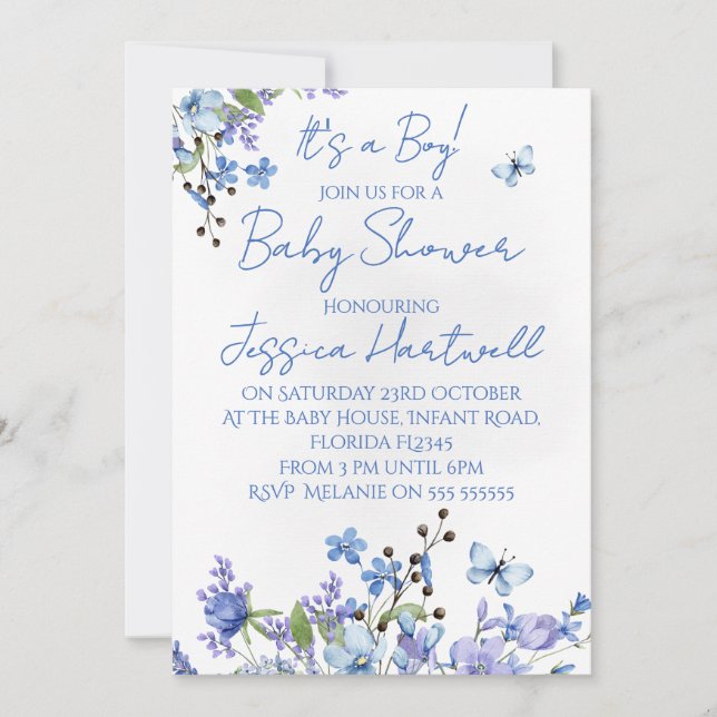 Convite Floral Boy Baby Shower Invitation (Frente)