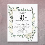 Convite Floral Branco aniversário de 30 anos de Or<br><div class="desc">Convite de festas elegante apresenta um quadro botânico de flores brancas e folhas verdes profundas. O nome da pessoa de aniversário é escrito em um texto tradicional. Todo o texto pode ser facilmente editado para criar apenas o tom comemorativo correto.</div>