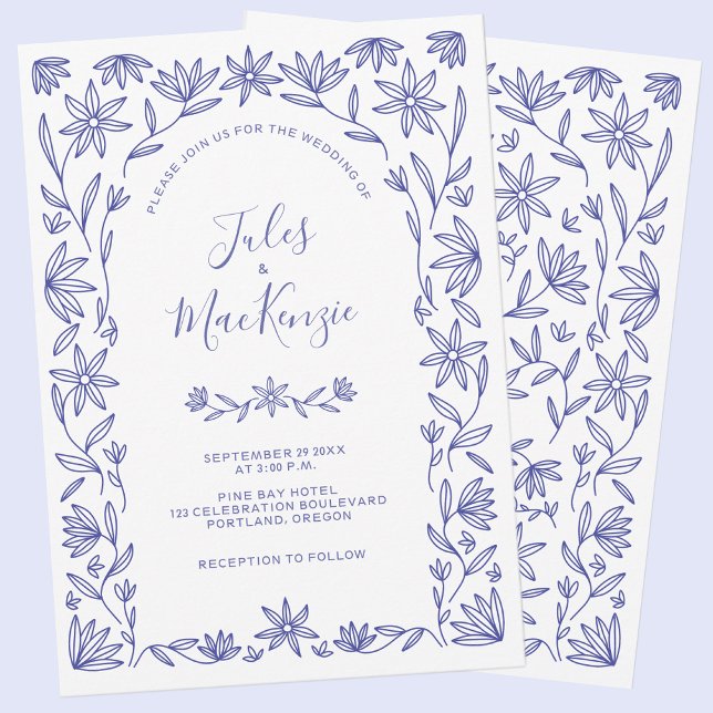 Convite Floral Branco Azul Casado do Mediterrâneo (Modern Mediterranean blue and white floral wedding invitation)