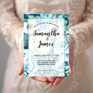 Convite Floral Branco Azul Elegante, Casamento