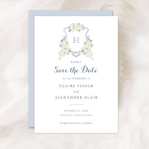 Convite Floral Branco Azul Empoeirado Brasão Save the Date