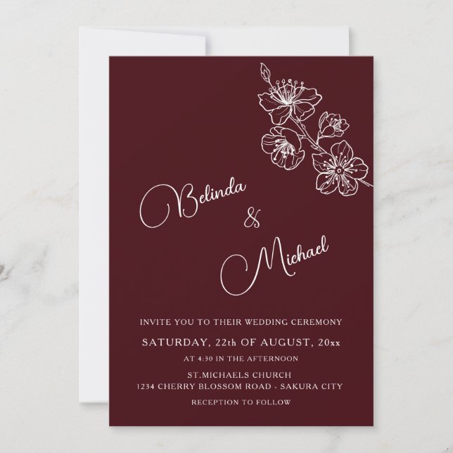Convite Floral Branco Burgundy Profundo | Casamento Casual (Frente)