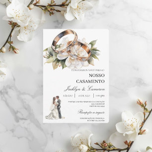 Convite Floral Branco com aliança Casamento Português
