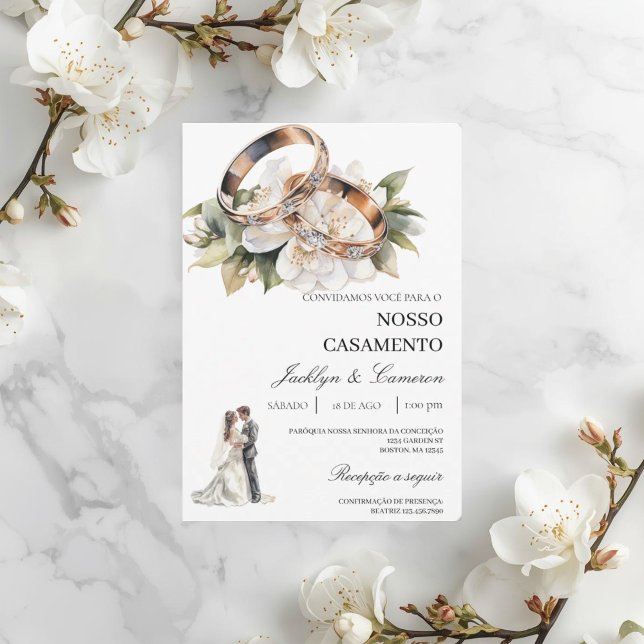 Convite Floral Branco com aliança Casamento Português (Criador carregado)