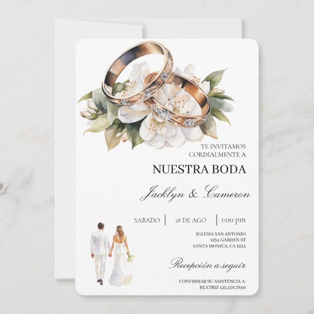Convite Floral Branco com Anel Casamento Espanhol (Frente)