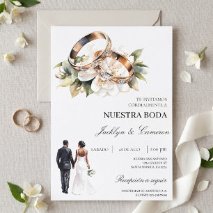 Convite Floral Branco com Anel Casamento Espanhol